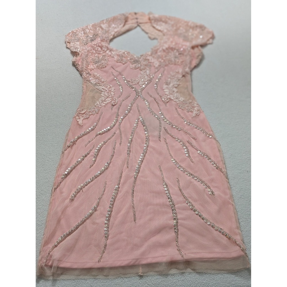 Mac Duggal Pale Pink Silver Sequined Mini Dress Sz 4 Hoco Formal Open Back